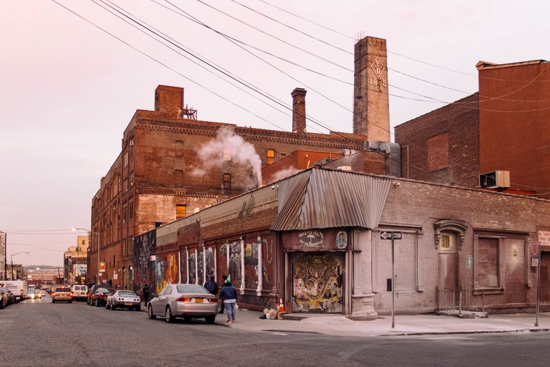 an urban factory in the corner of a brooklyn city street, urban factory brooklyn 4k