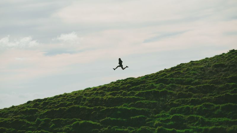 man, jump, minimalism, sky, grass, 4k