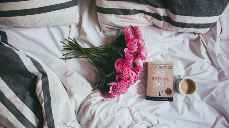 book, flowers, coffee, bed, mood, 4k