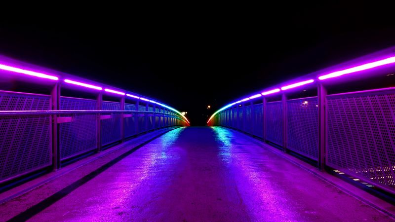 bridge, lights, railings, road, 4k