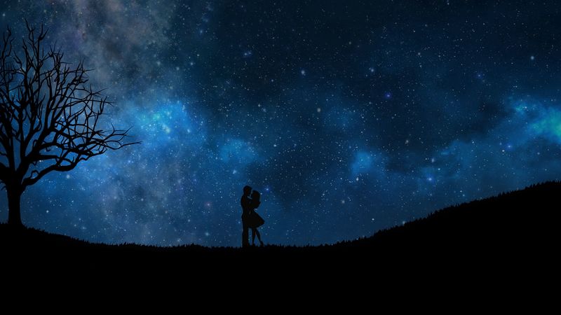 starry sky, couple, love, silhouettes, 4k