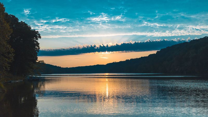 river, sunset, trees, clouds, 4k