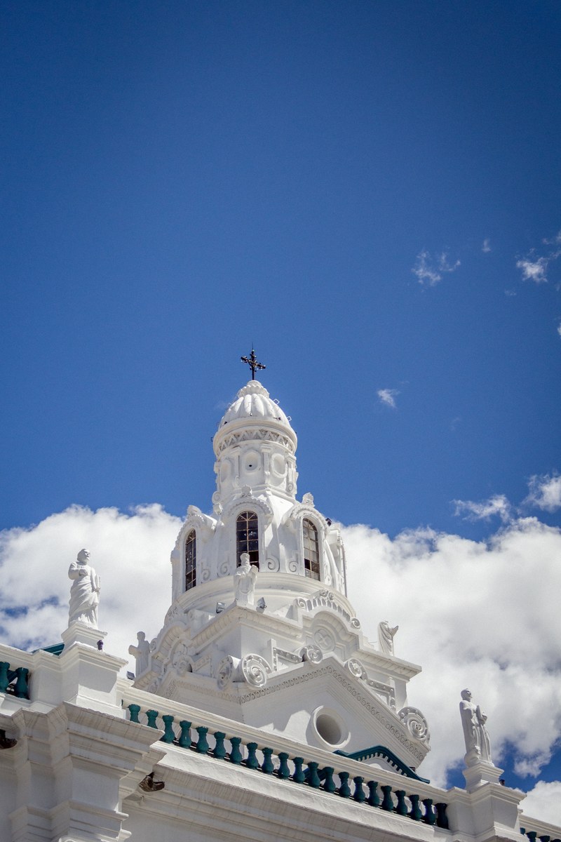 ornamented dome of a white church topped with crosses and statues of angels, ornamented church 4k