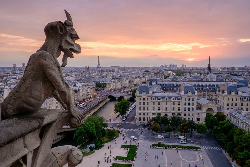 a gargoyle looks over the notre dame cathedral in paris with a pale sunset lighting up the cityscape horizon, notre dame gargoyle sunrise_ 4k