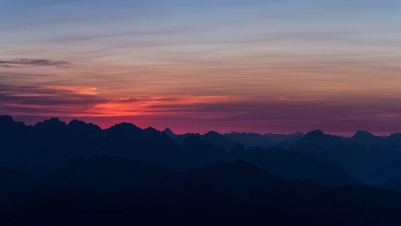 mountains, sunset, sky, horizon, 4k