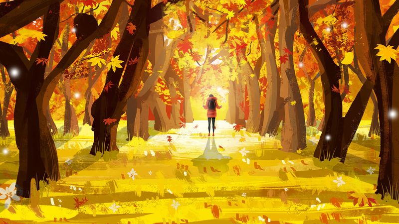 lonely, autumn, leaves, art, 4k