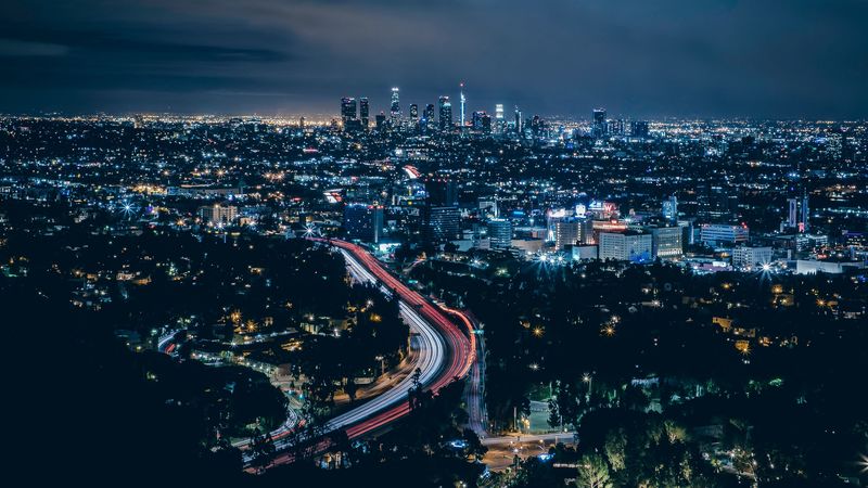 los angeles, usa, skyscrapers, night, top view, 4k