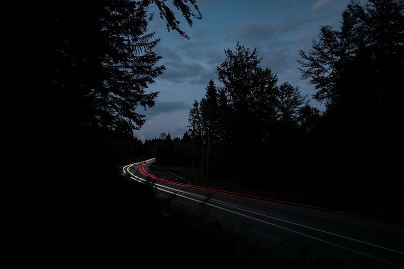 time lapse shot of car on forest highway in chalet gobet at night time, time lapse shot car forest highway 4k