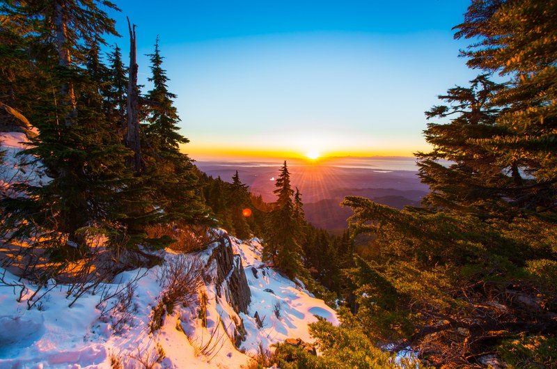 a forest on mount pilchuck covered in snow during sonrise, sun on the horizon at mount pilchuck 4k