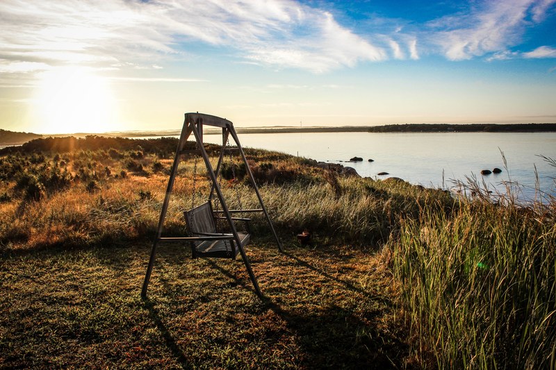 a wooden swing set at the grassy shore of a lake, swing by the lake at sunset 4k