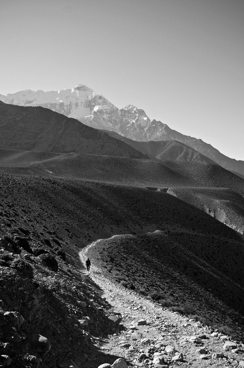 black and white shot of person walking on desolate mountain trail with clear sky, desolate mountain trail walk 4k