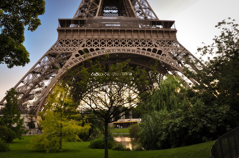a close up shot of the bottom of the eiffel tower with trees and water beneath it, eiffel tower with trees 4k