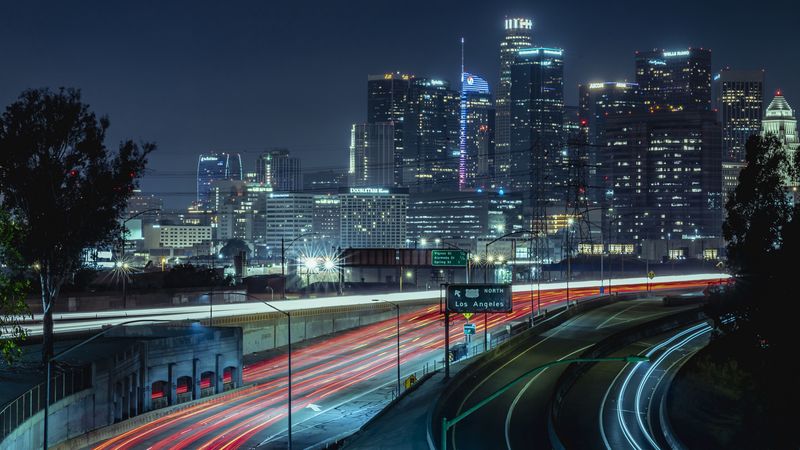 night city, building, road, glow, 4k