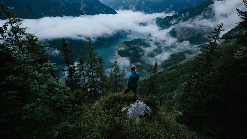 man, mountains, clouds, travel, 4k