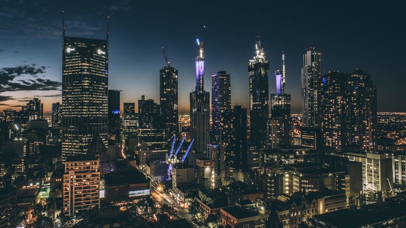 skyscrapers, night, buildings, architecture, sky, 4k