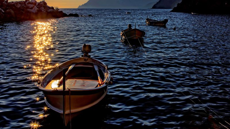 boat, sea, sunset, water, shine, 4k