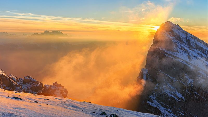 rocks, mountains, fog, sun, 4k