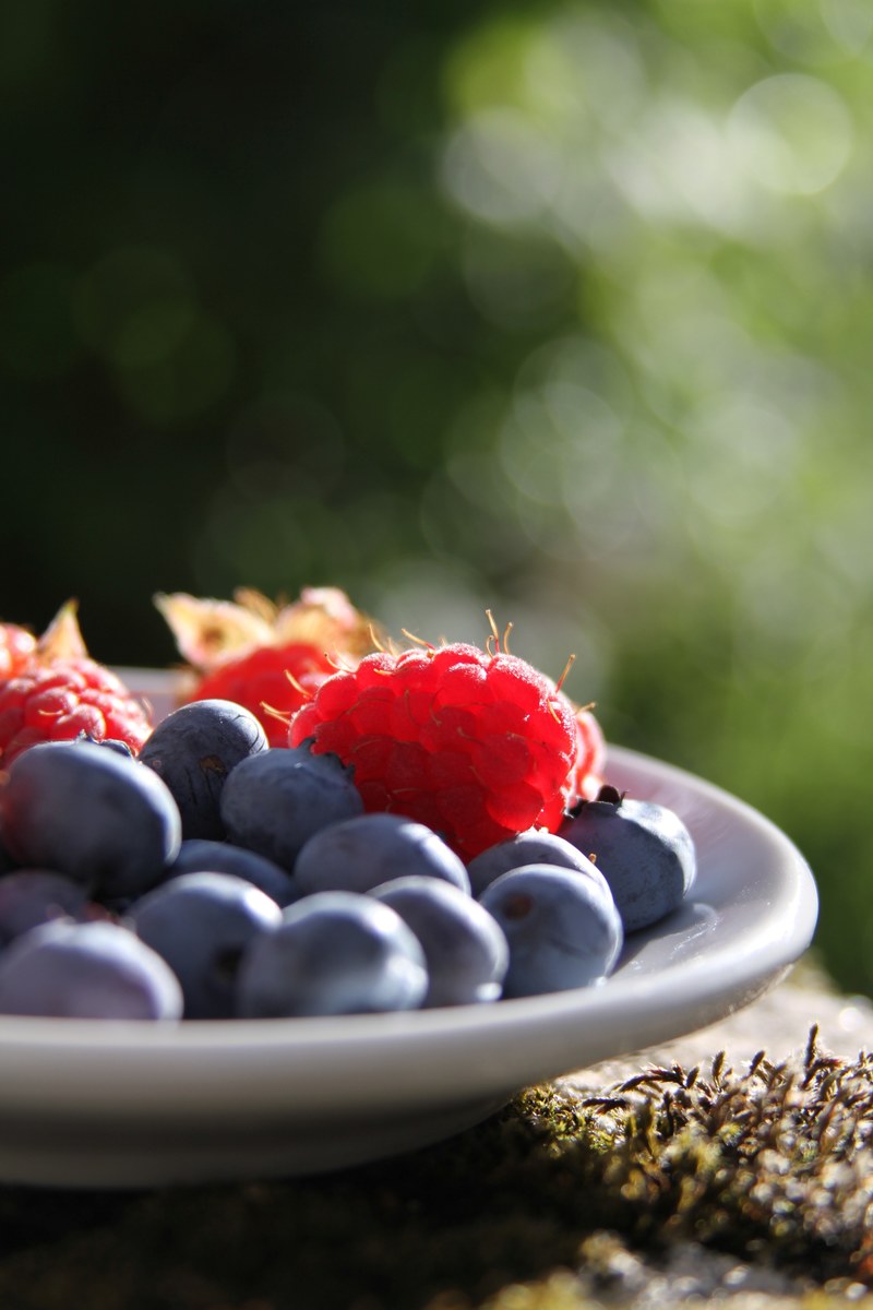 beautiful plate of raspberry and blueberry sits in the summer fields, _healthy looking raspberry and blueberry 4k