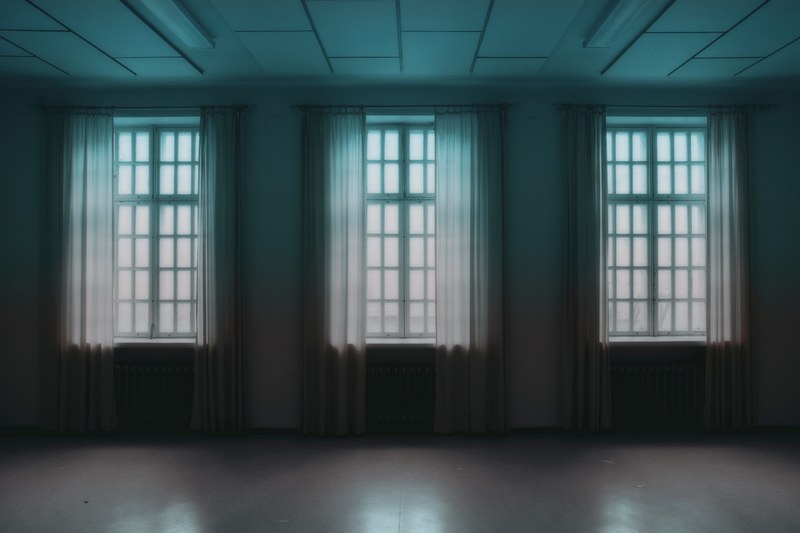 view on the foggy outside from a three high white window dark empty room, room with three high windows 4k