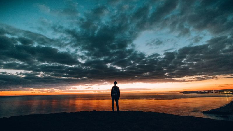 boy, sunset, horizon, sea, 4k