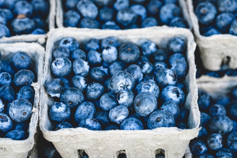 baskets of fresh blueberries for sale at a farmers market, blueberries at the market 4k