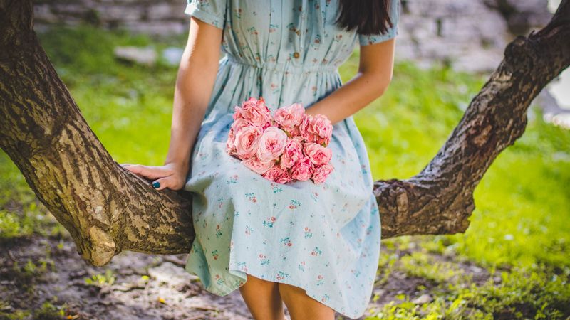 girl, bouquet, dress, flowers, 4k
