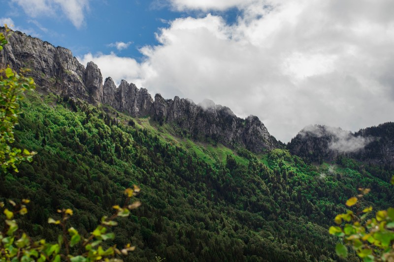 tall mountain peaks and green wooded slopes under clouds in parmelan, jagged peaks over a forest 4k