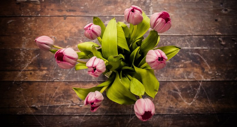 pink tulips in a vase on a wooden table, tulips 4k