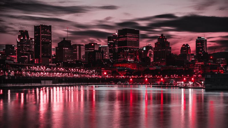 night city, city lights, buildings, shore, night, 4k