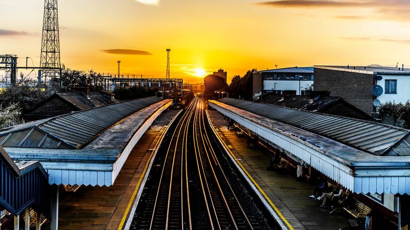 railroad, train, sunset, 4k