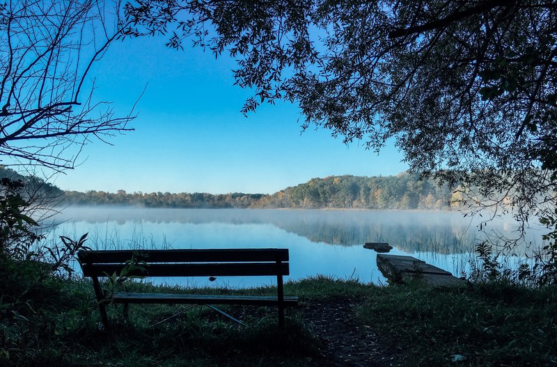 lake lakeside park bench and fall 4k