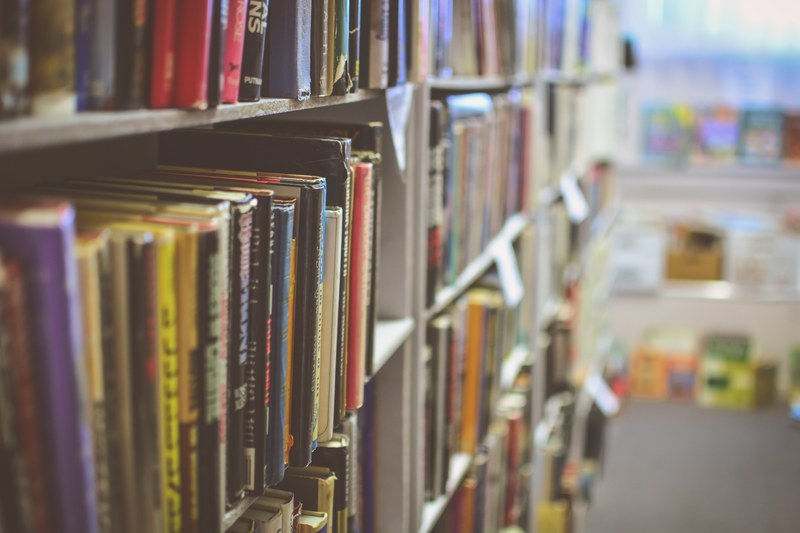 colorful book covers on shelves in a library, library collection 4k