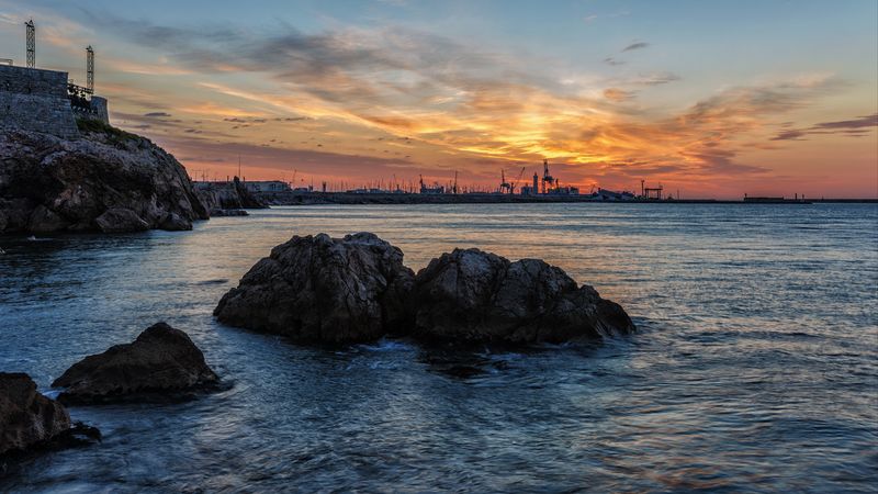 sunset, rocks, blocks, sea, 4k