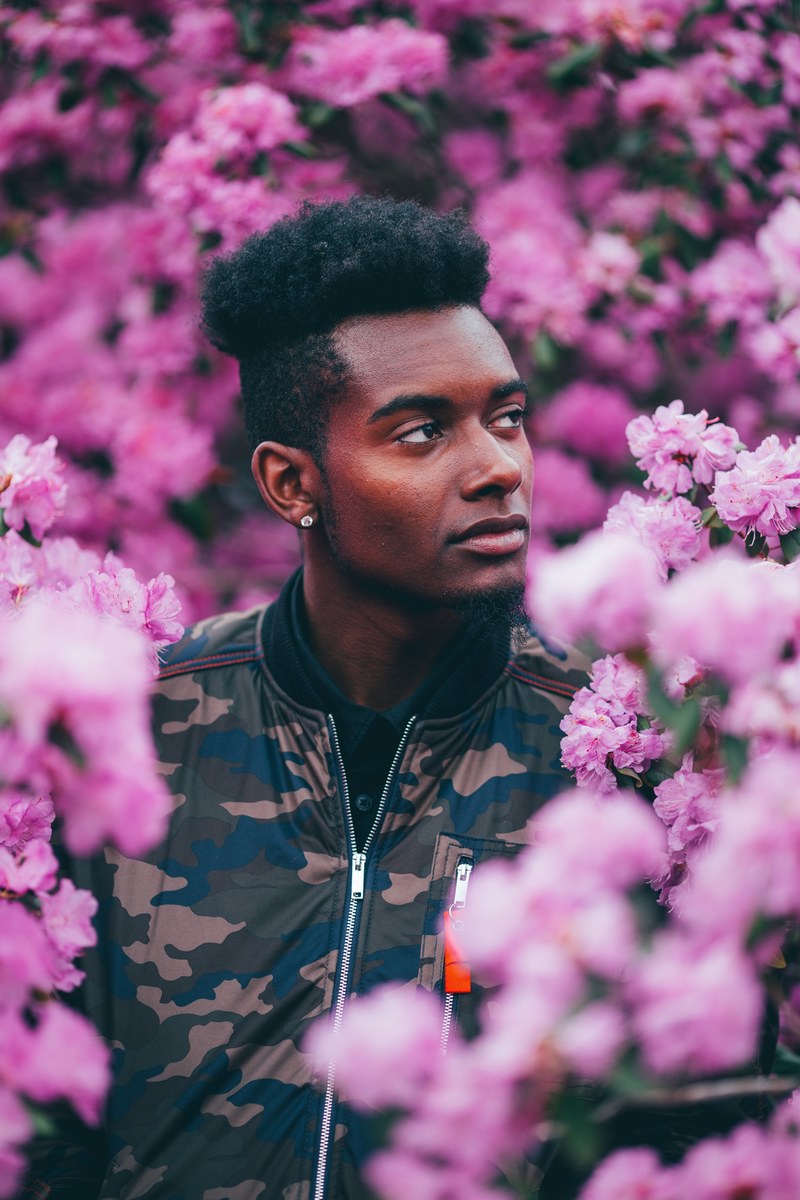 a young man in a jacket in a garden full of pink flowers, daniel in the blooms 4k