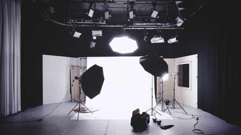 a photographic studio with a backdrop lights and softboxes, photographic studio 4k
