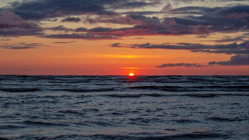 sunset, sea, horizon, sky, waves, 4k