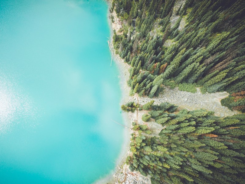 a drone shot of a rocky wooded shore of a blue lake, rocky lake shore 4k