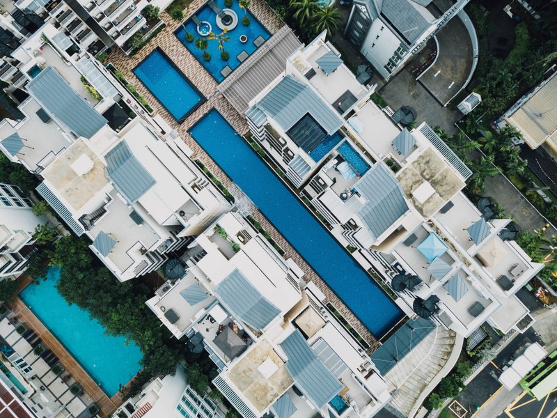 aerial view building pool and swimming pool 4k