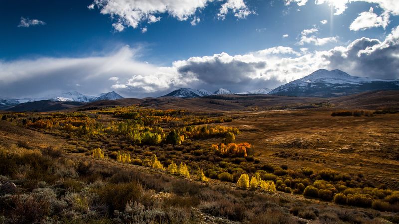 mountains, grass, clouds, 4k
