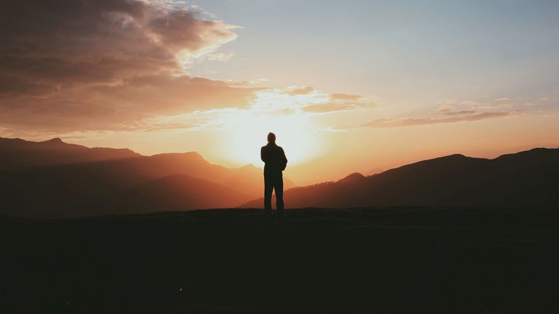 man, silhouette, mountains, 4k