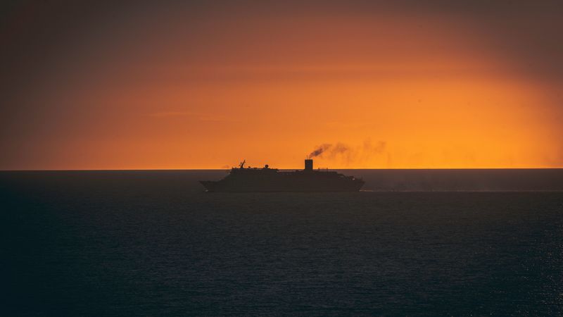 ship, swimming, sunset, horizon, 4k