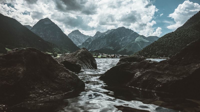 mountains, river, water, sky, 4k