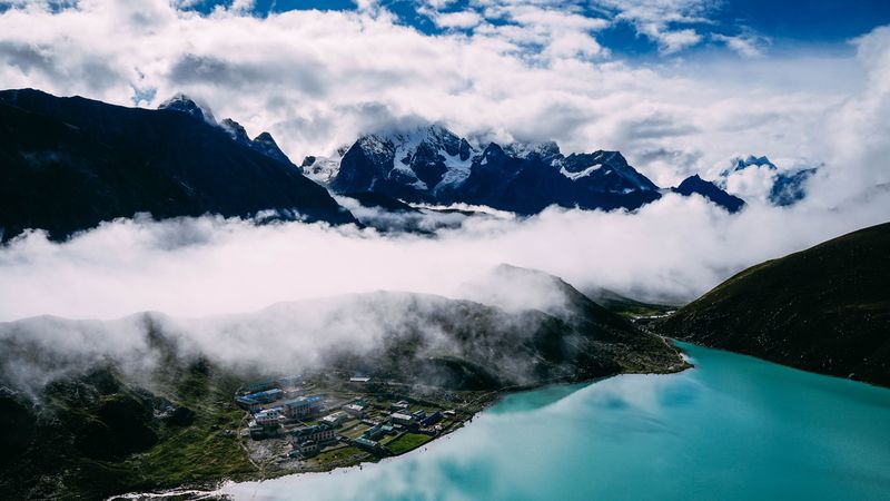 mountains, fog, lake, 4k