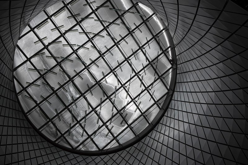 black and white shot of glass dome with modern criss cross architecture, glass dome with criss cross 4k