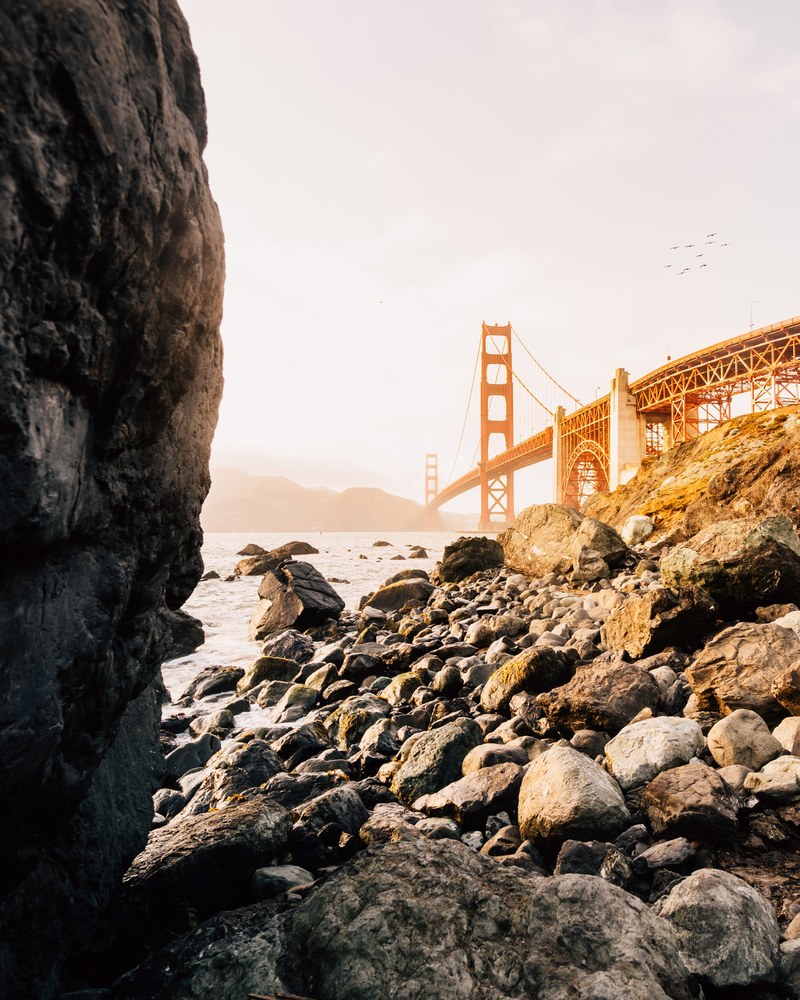 californium sunset rock and bridge hd, 4k