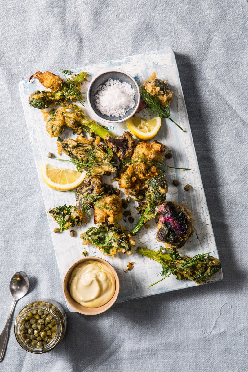 flat lay of fried vegetable fritters with broccoli kale and capers, fried fritters 4k