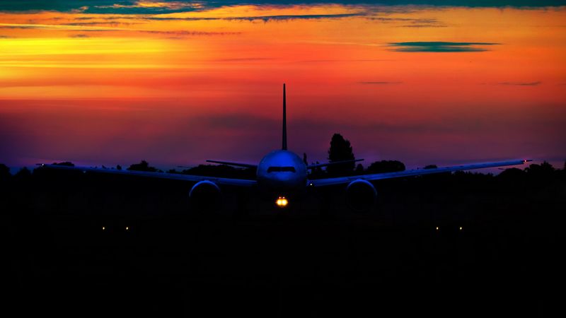 airplane, sunset, sky, 4k