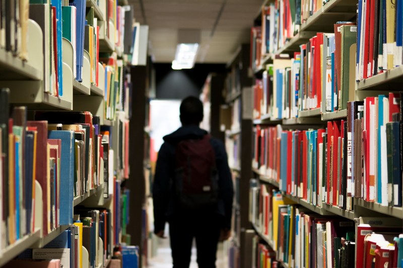 library shelves books and person 4k