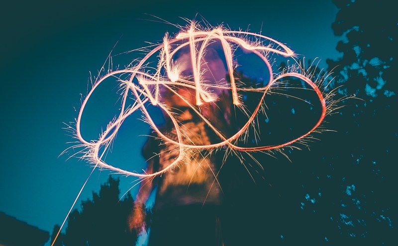 a person draws an abstract pattern in the air with a lighted sparkler firework, light drawing with sparkler 4k