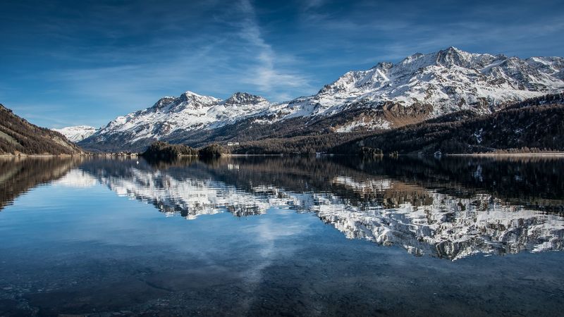 mountains, snowy, reflection, rocks, 4k